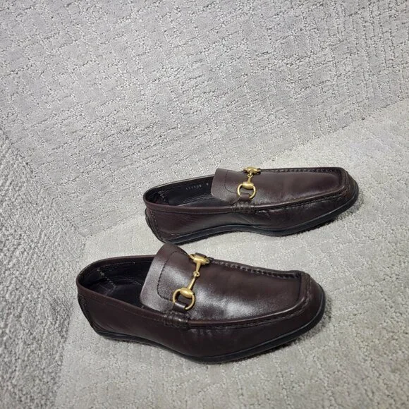 Gucci 101133 Mens Size US 8D Dark Brown Leather Gold Horsebit Driving Loafers - Picture 9 of 13